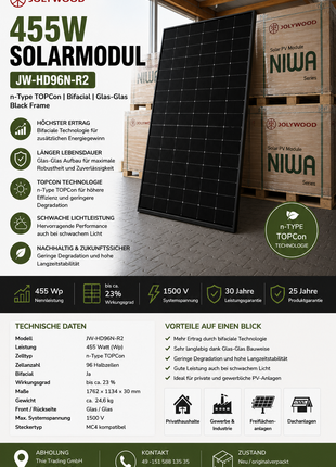 Jolywood 455W JW-HD96N R2 Bifacial Glas-Glas Black Frame - Photovoltaik – 37 Stück