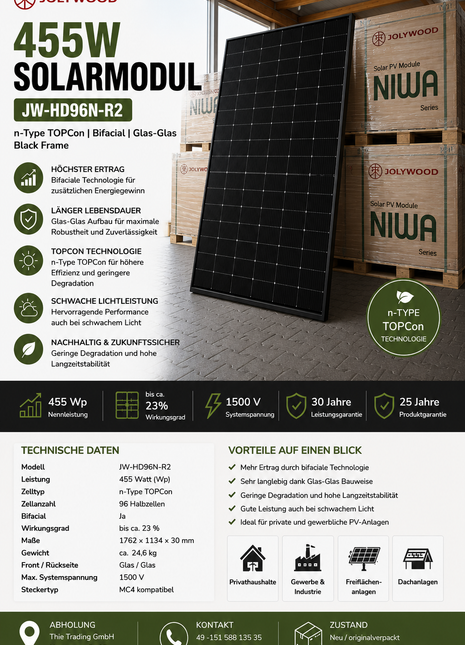 Jolywood 455W JW-HD96N R2 Bifacial Glas-Glas Black Frame - Photovoltaik – 37 Stück